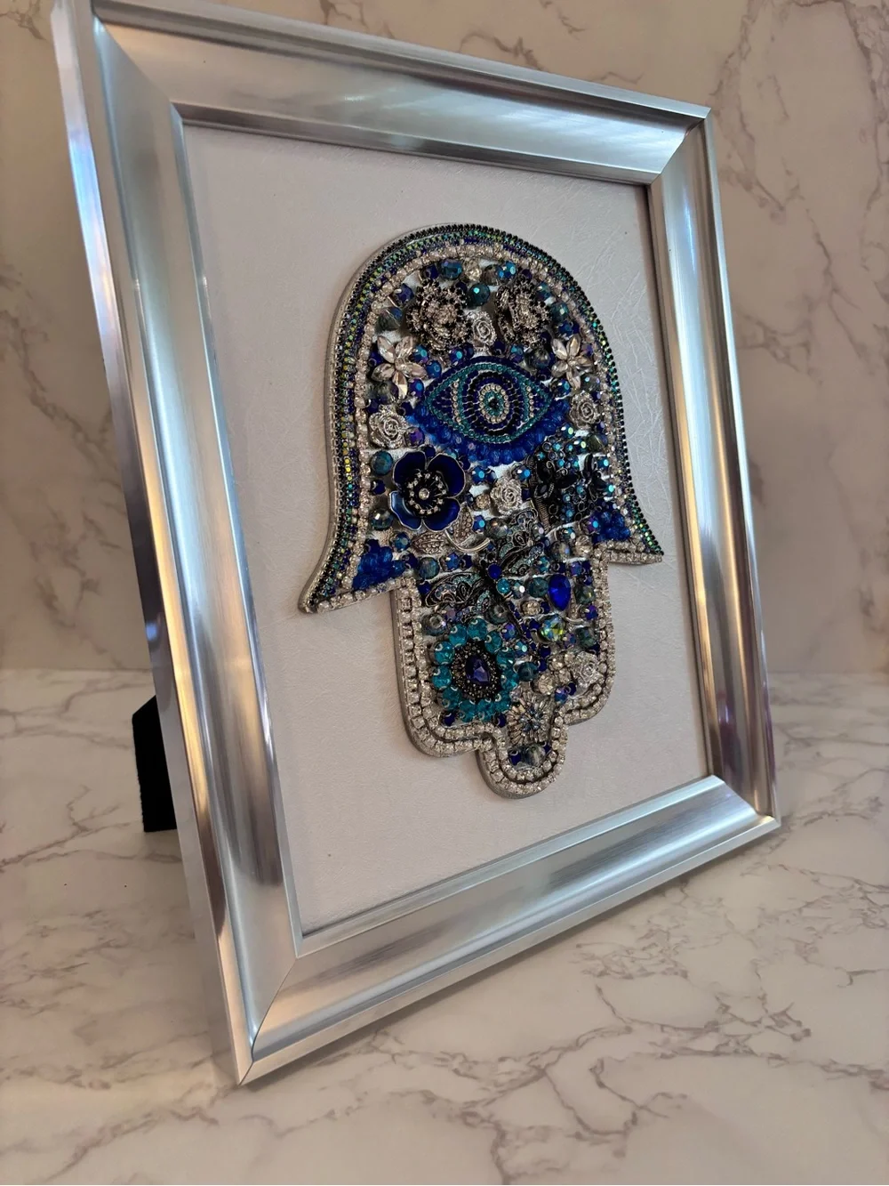 OOAK Framed Vintage Jewelry Hamsa Hand Evil Eye Art 8x10 Protection Boho Decor